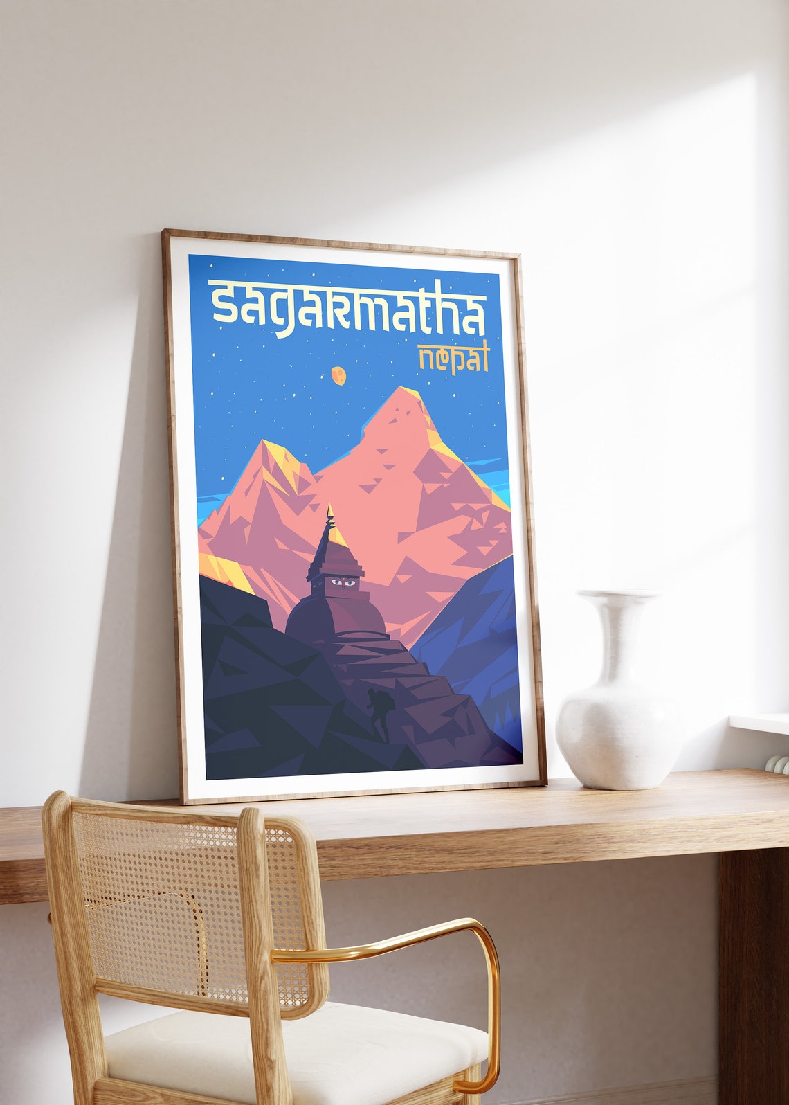 Sagarmatha Nepal Travel Poster Himalayan Peaks Night Stupa Art - Image 3