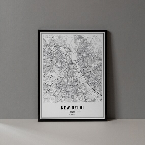 New Delhi India Modern Black and White Minimalist City Map Poster