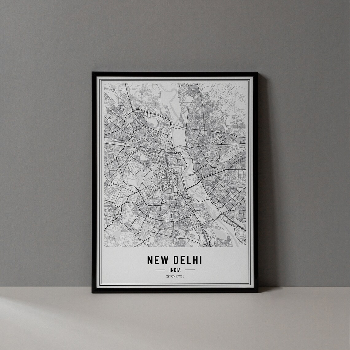 New Delhi India Modern Black and White Minimalist City Map Poster