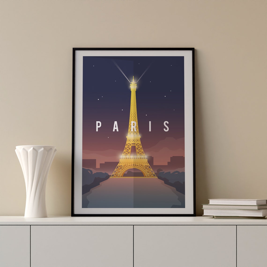 Paris Eiffel Tower Night Illuminated Starry Sky Searchlight Poster - Image 2