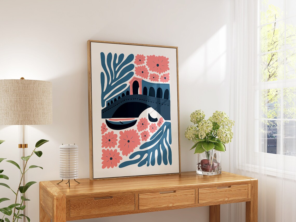 Venice Rialto Bridge Gondola Pink Floral Matisse Inspired Style Poster - Image 5