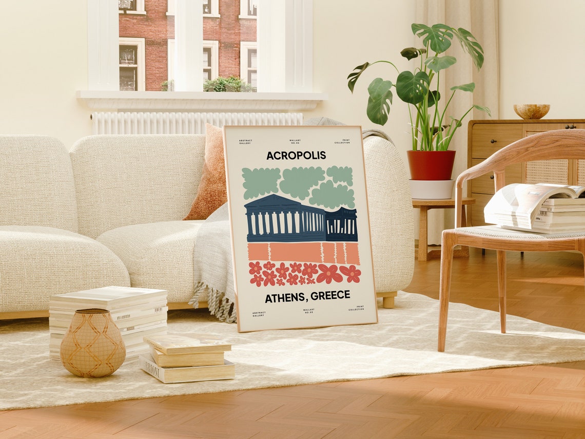 Acropolis Athens Greece Temple Columns Floral Art Style Poster - Image 4