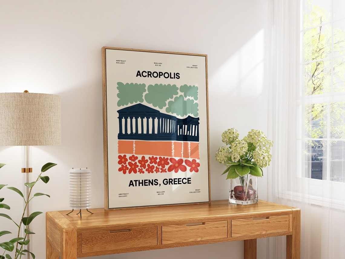 Acropolis Athens Greece Temple Columns Floral Art Style Poster - Image 5