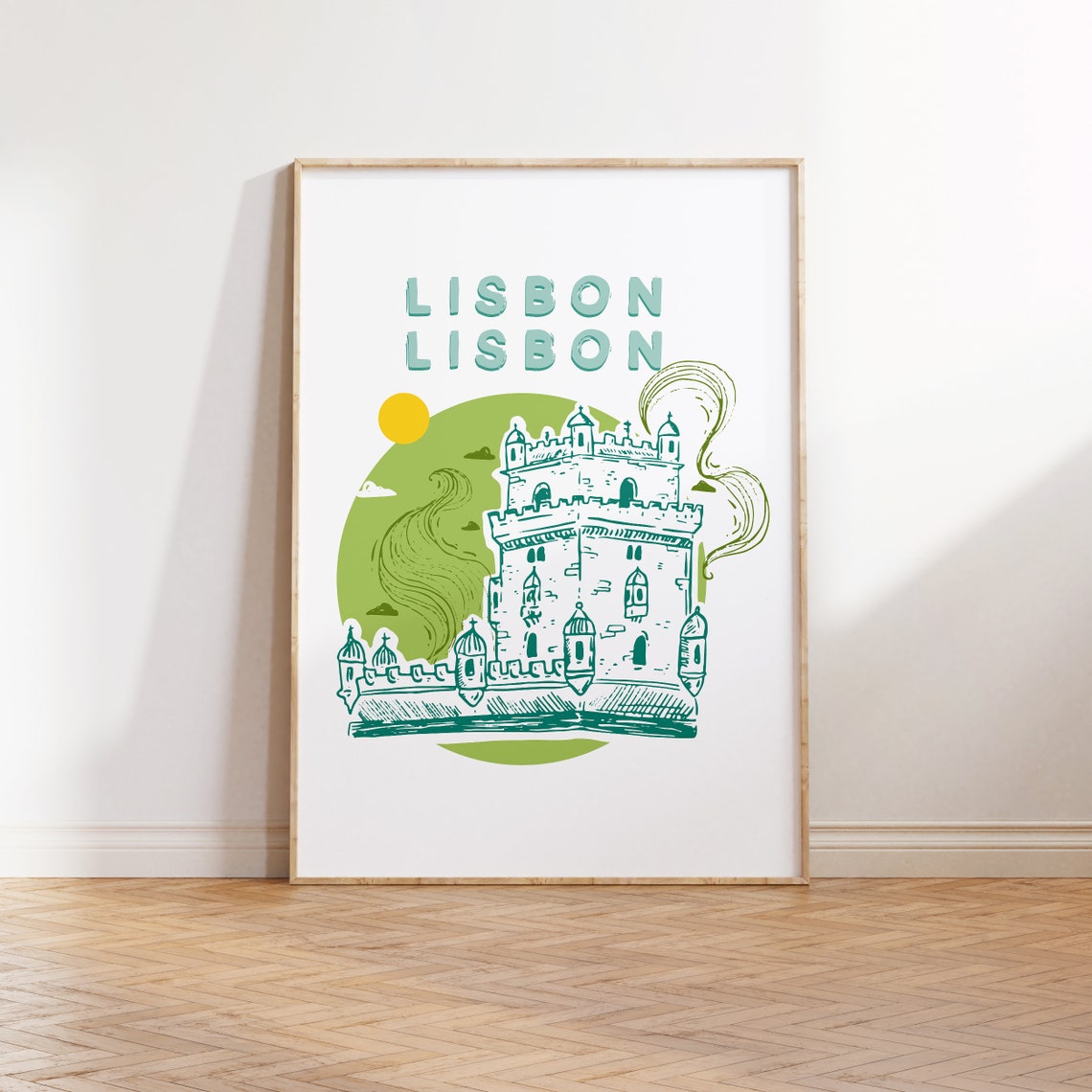 Belem Tower Lisbon Portugal Green Hand Drawn Illustration Poster