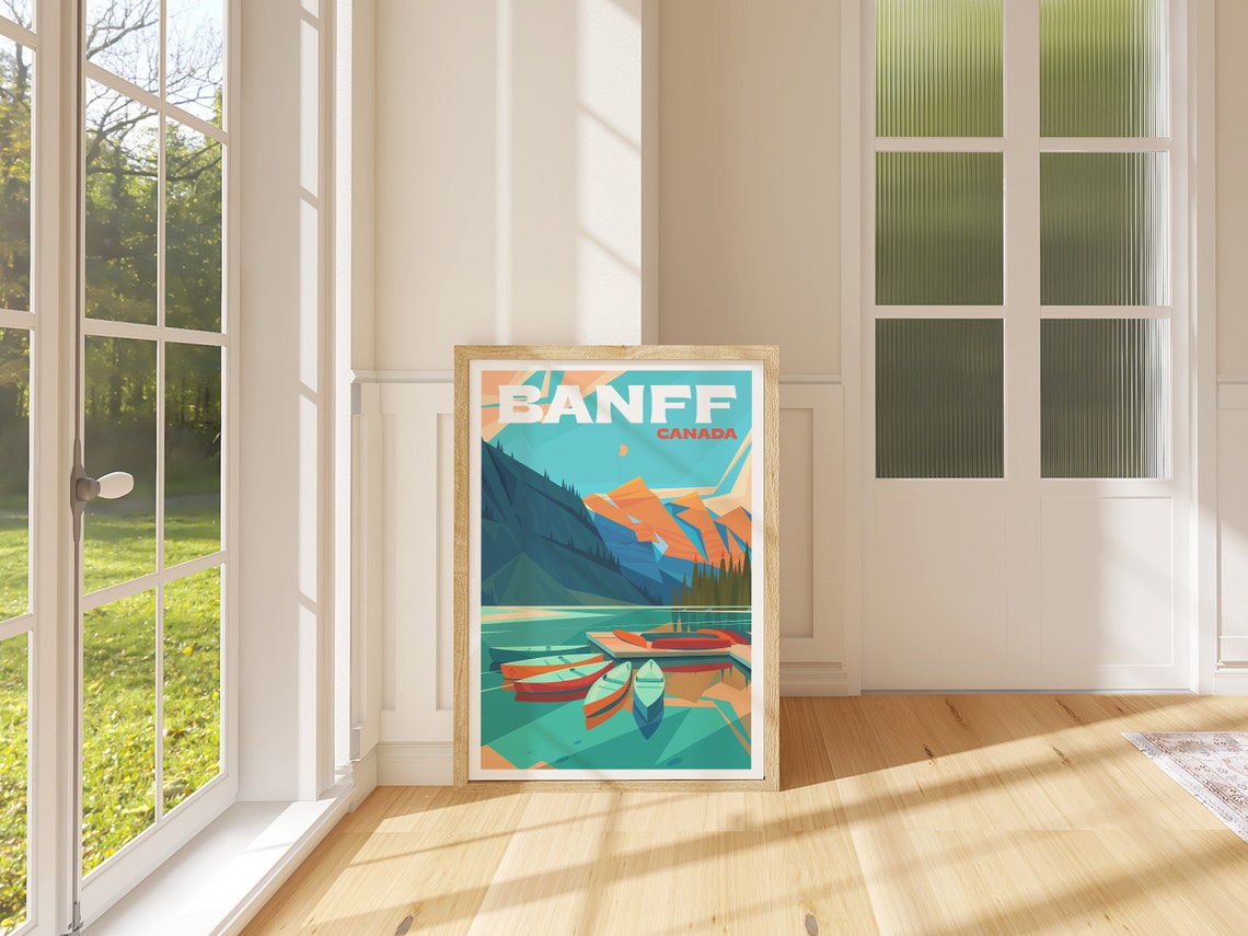 Banff Canada Retro Travel Poster Canoes Turquoise Lake Mountains Art - Image 4