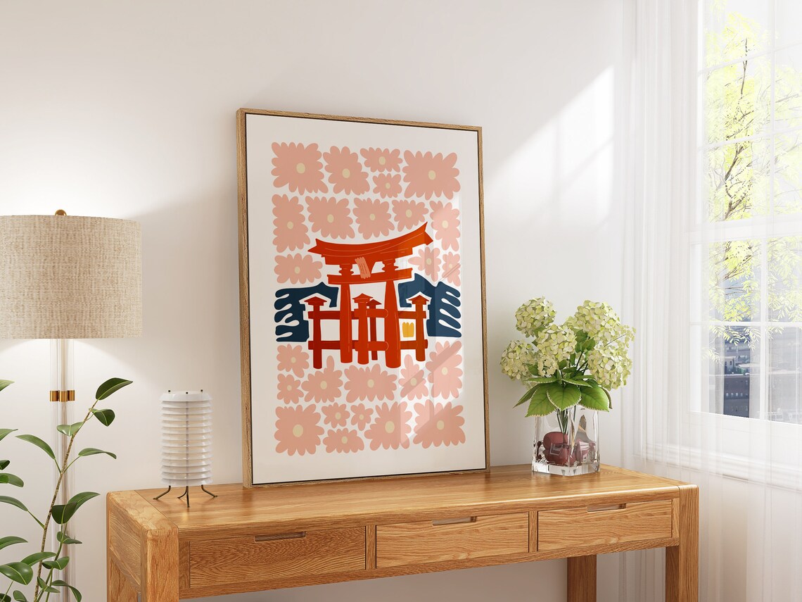 Grand Torii Gate Japan Abstract Art Print Red Shrine Cherry Blossom - Image 5