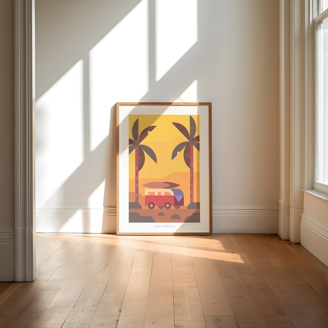 California Surf Van Sunset Geometric Beach Art Poster Travel Gift - Image 4