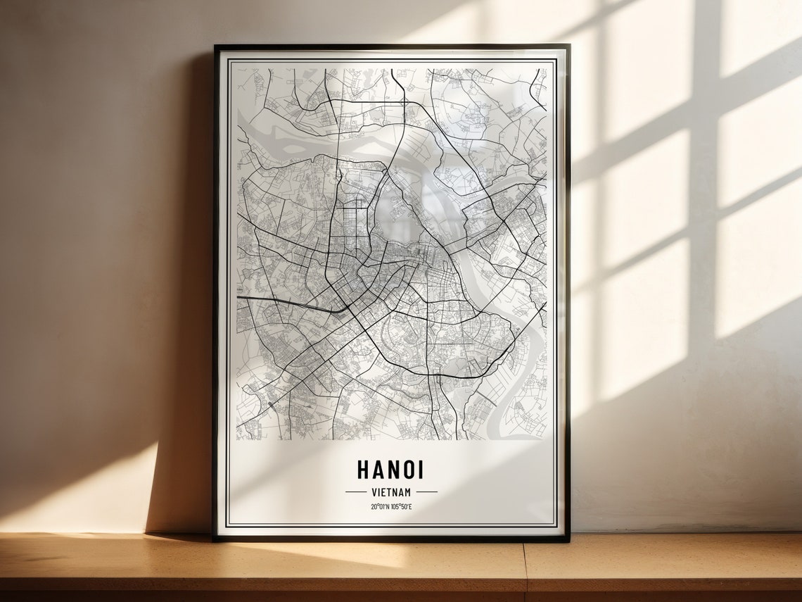 Hanoi Vietnam Modern Black and White Minimalist City Map Poster - Image 2