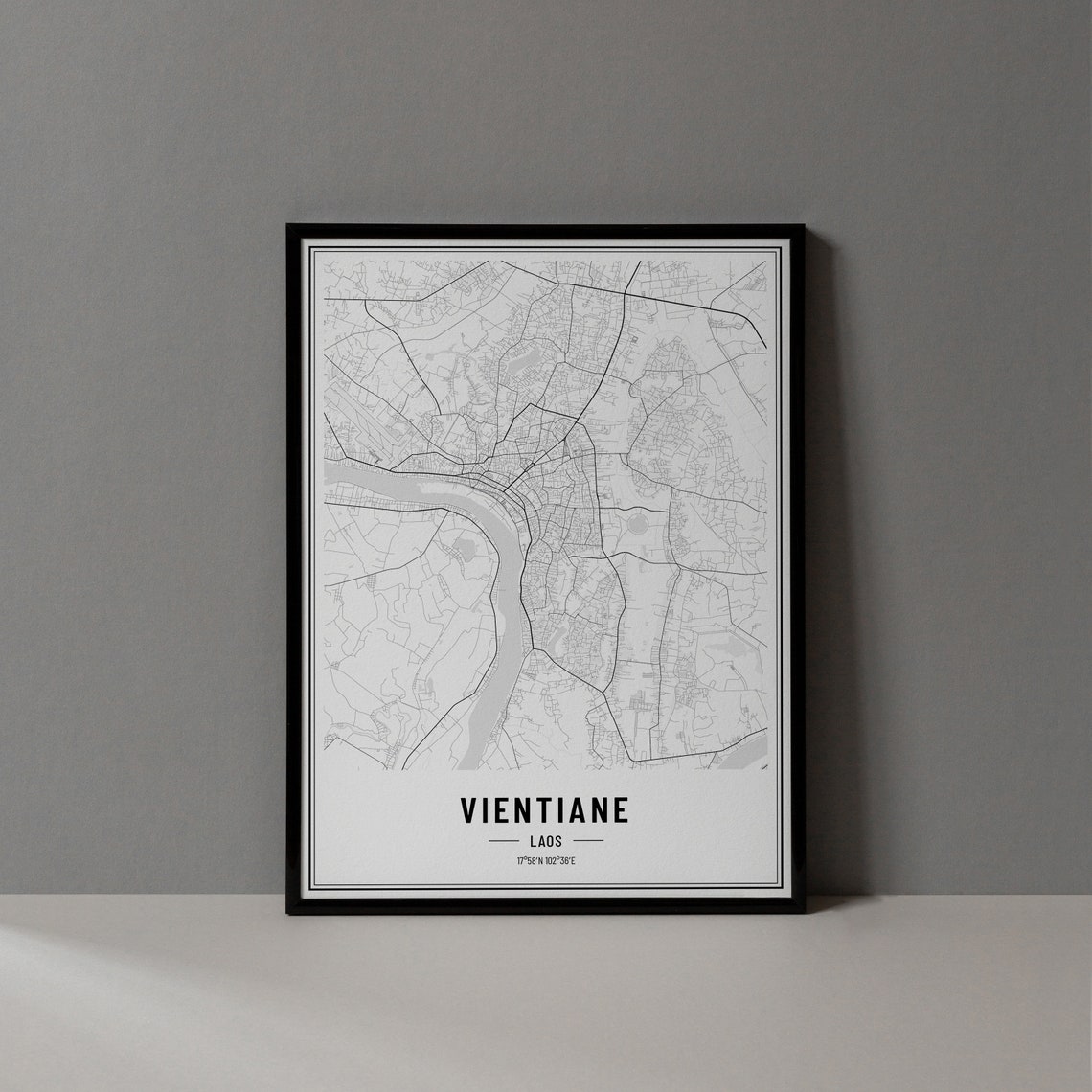 Vientiane Laos Minimalist Black White City Map Coordinates Art Print
