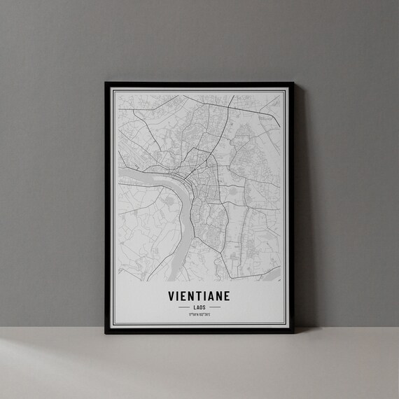 Vientiane Laos Minimalist Black White City Map Coordinates Art Print