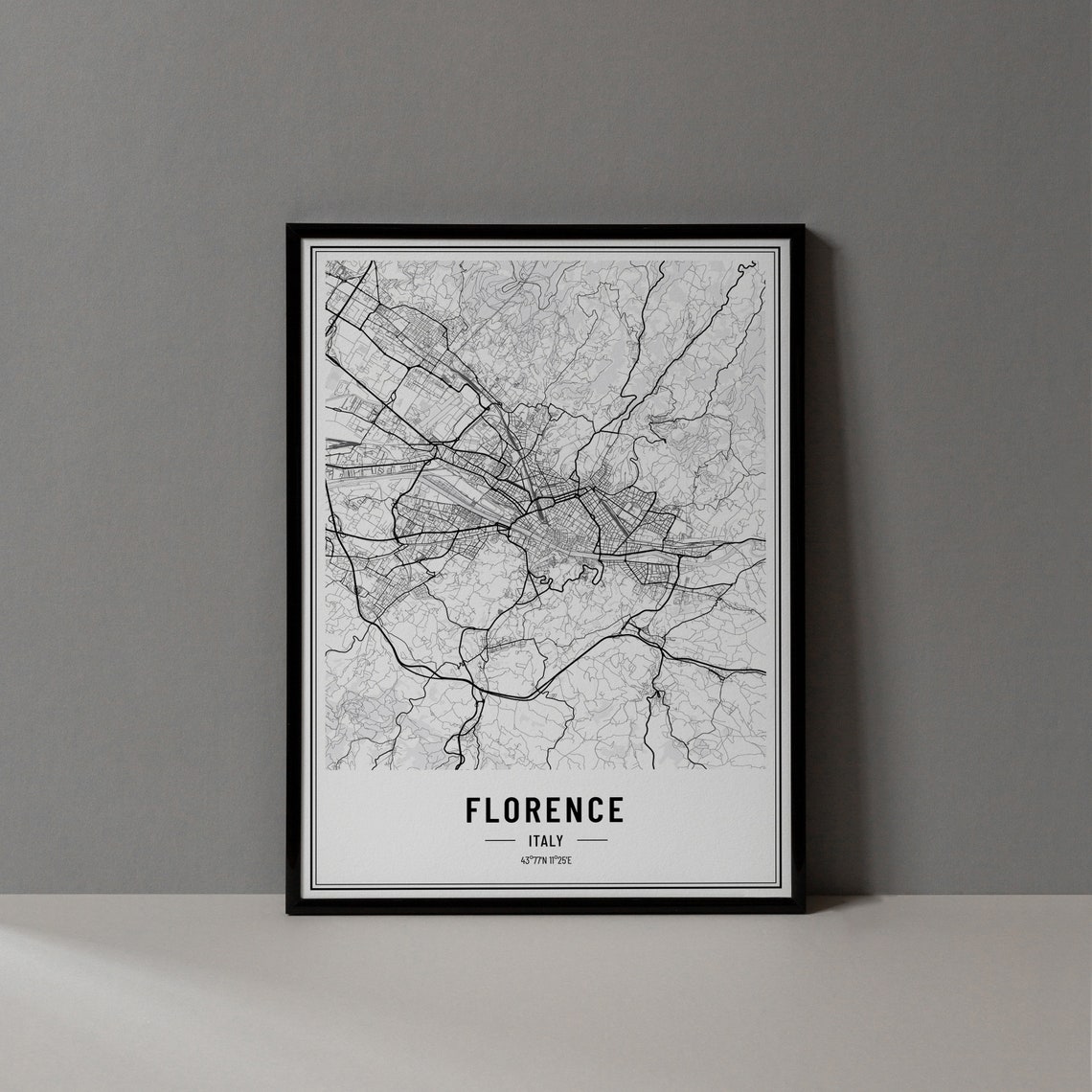 Florence Italy Minimalist Black White City Street Map Poster