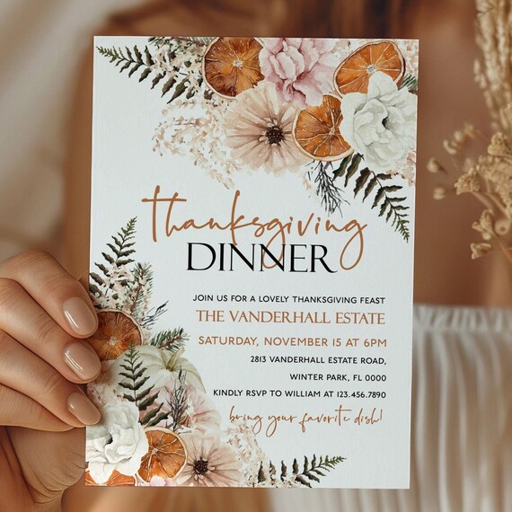 Thanksgiving Dinner Invitation Dried Citrus Floral Editable Print