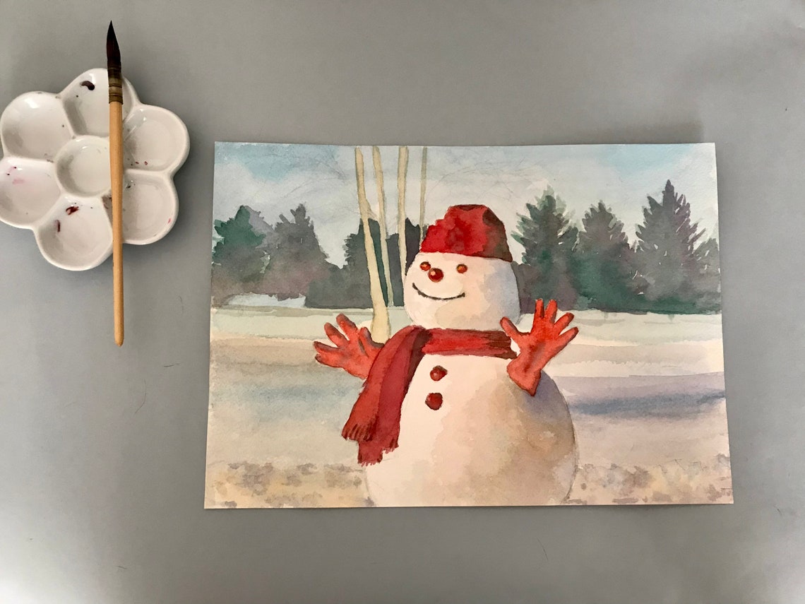 Cheerful Snowman Waving in Red Hat and Scarf Winter Scene Poster - Image 5