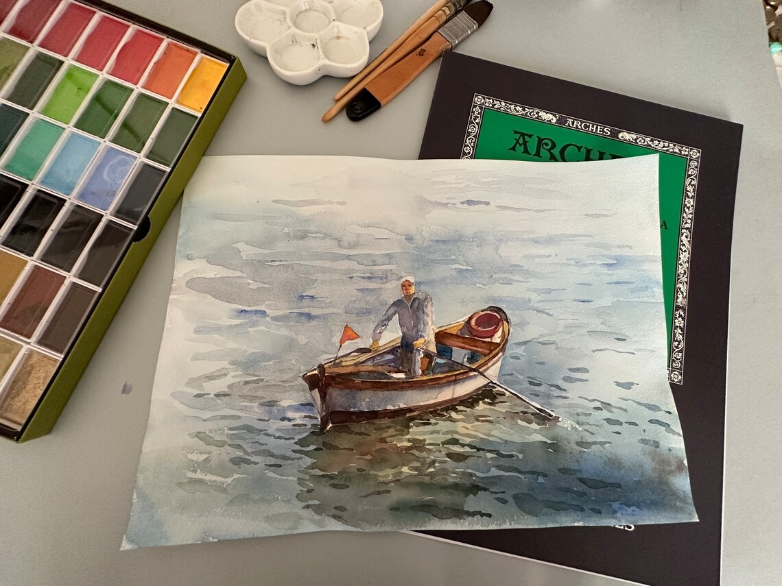 Fisherman Rowing Wooden Boat on Calm Sea Watercolor Art Poster - Image 7
