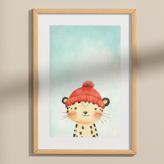 Cute Leopard Hat Print Minimalist Pastel Artwork For Childrens Rooms Soft Pastel Yellow Background