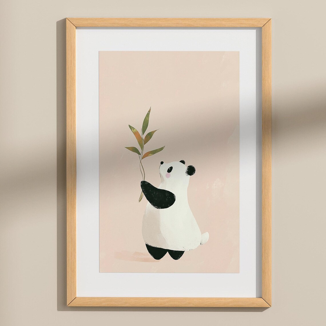 Baby Panda Holding Bamboo Branch Minimalist Kids Room Art Poster