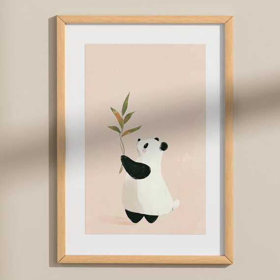 Sweet Panda Wall Art Lovely Watercolor Design For Babys Space Adorable Panda Nursery Poster Minimalist Art Cute Panda Holding Sugarcane