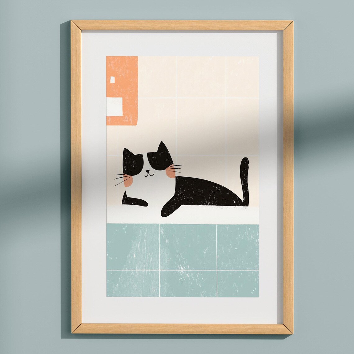 Black Tuxedo Cat in Bathtub Playful Retro Bathroom Art Poster