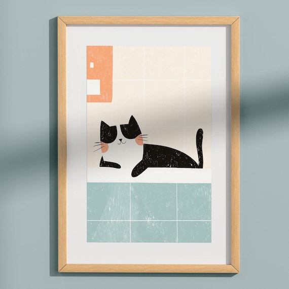 Black Tuxedo Cat in Bathtub Playful Retro Bathroom Art Poster