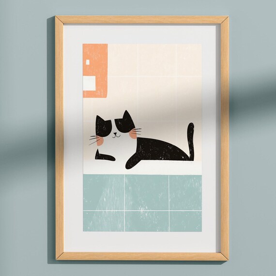 Whimsical Cat In Bathroom Wall Art Playful Cat Bath Poster Minimalist Bathroom Wall Art Cute Cat Print Soft Colors Cozy