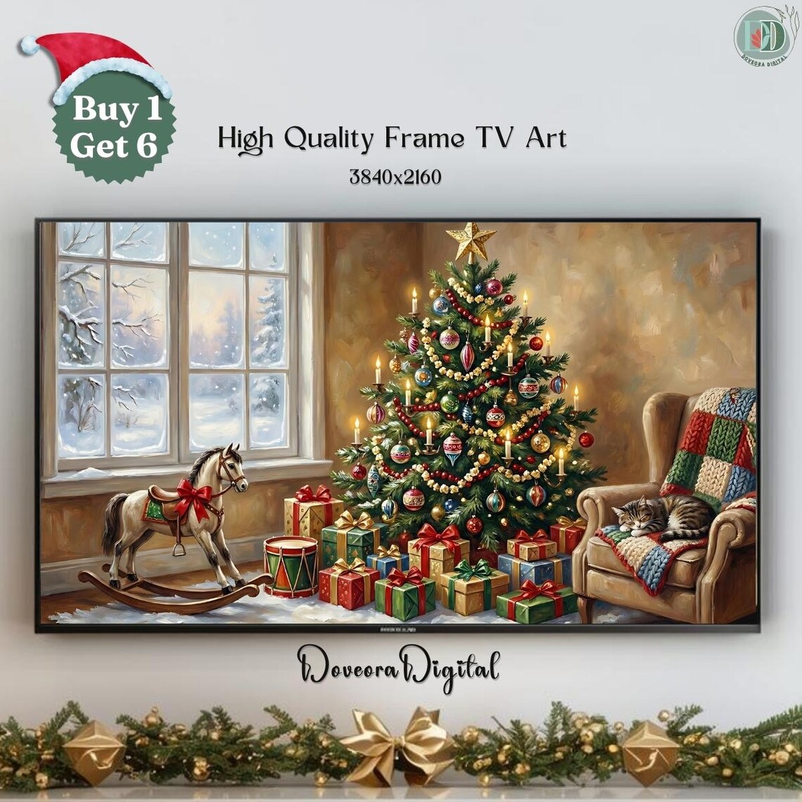 Christmas Tree Room Rocking Horse Gifts Cat Cozy Holiday Poster
