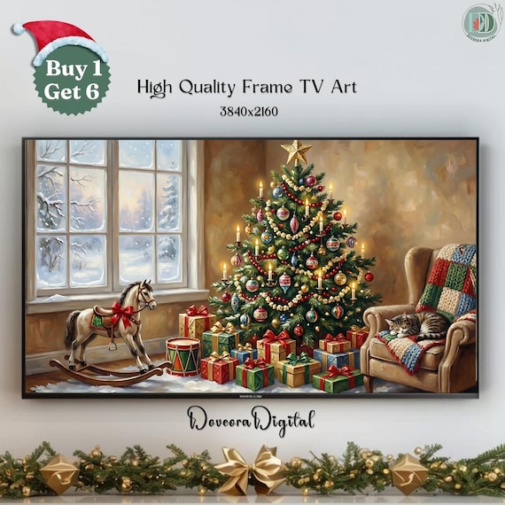 Christmas Tree Room Rocking Horse Gifts Cat Cozy Holiday Poster