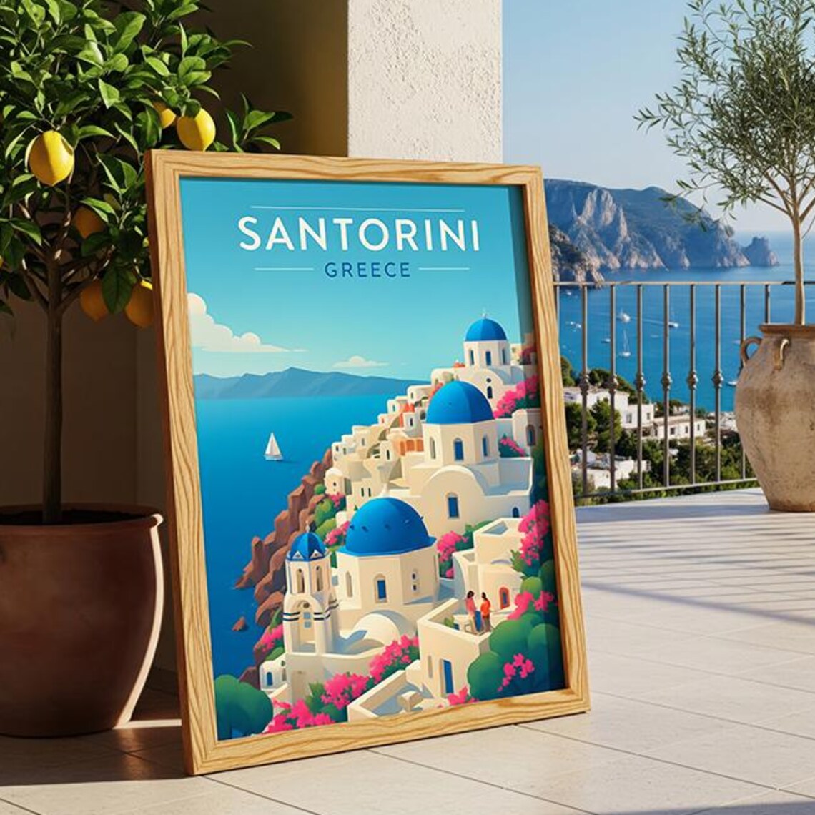Santorini Greece Vintage Travel Poster with Blue Domes Sea View