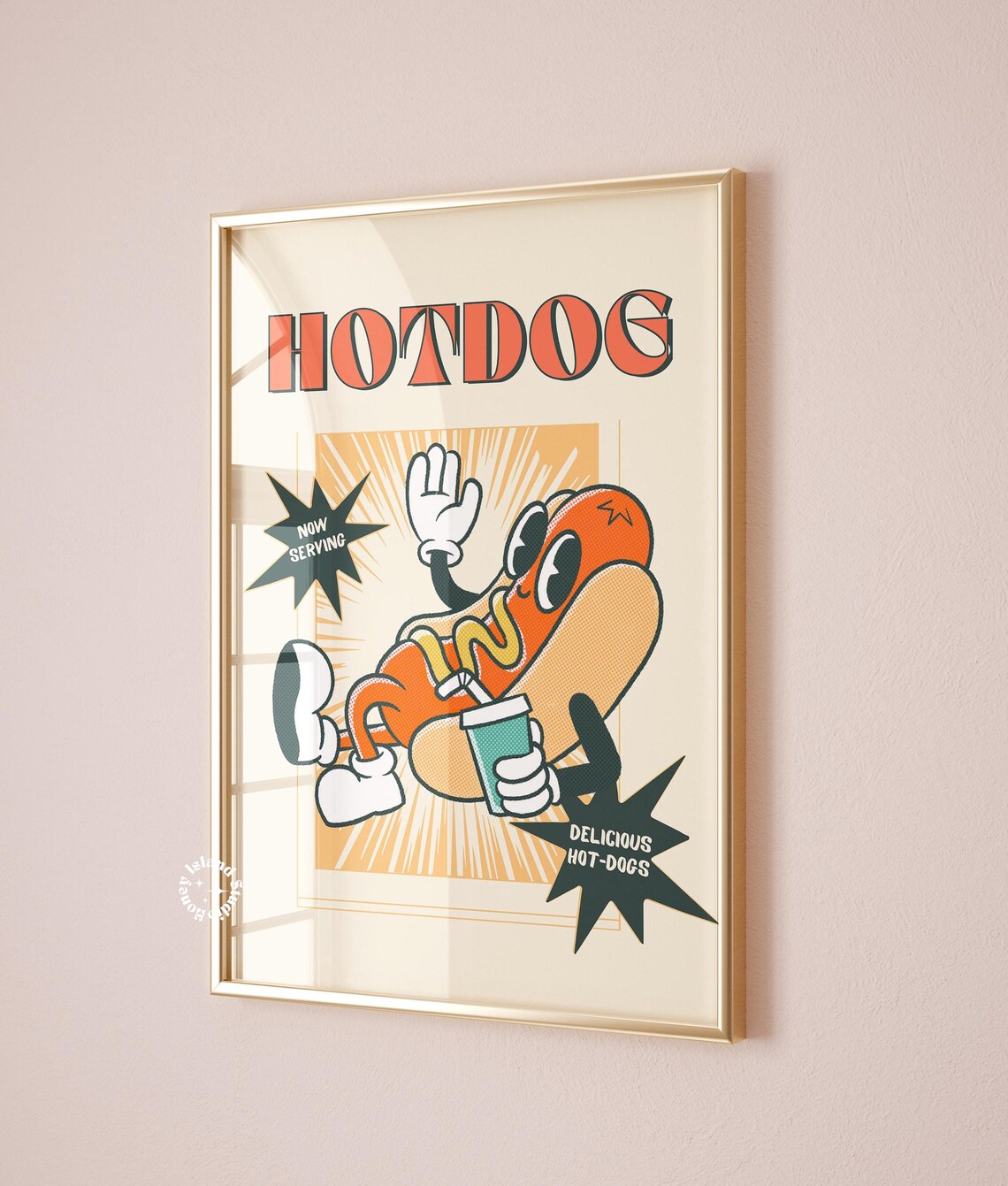 Retro Hot Dog Art Print, Preppy Kitchen Decor