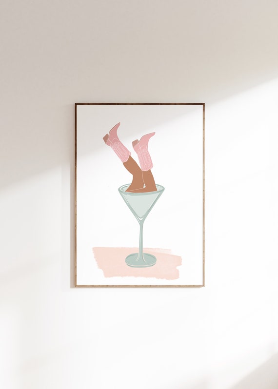 Dirty Cocktail Cowgirl, Pink Western Boots Art Print