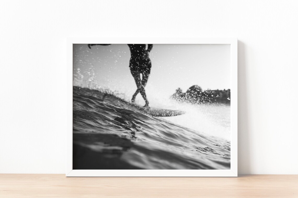 Longboard Surfer Black White Poster Print Surf Art Funboard Monochrome Modern