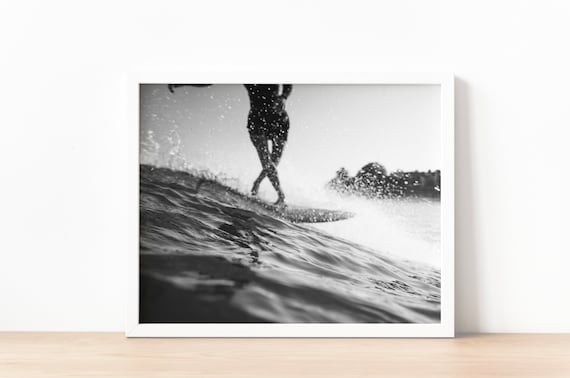 Longboard Surfer Black White Poster Print Surf Art Funboard Monochrome Modern