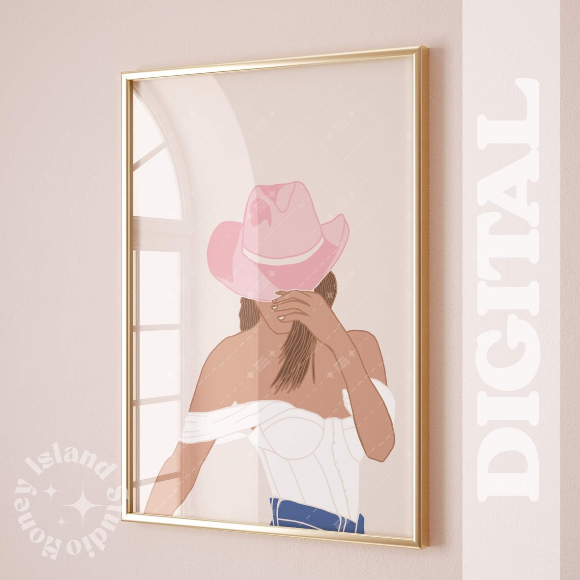 Pink Cowgirl Print Brunette Hat Western Illustration Rodeo Boots Instant