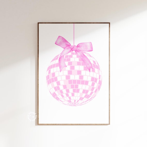 Disco Coquette Print Pink Bar Cart Trendy Bow Wall Art Unframed