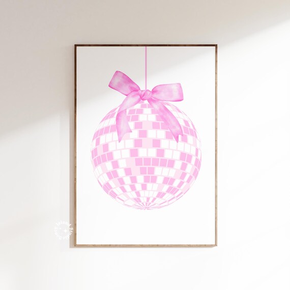 Pink Disco Ball With Satin Bow Coquette Style Trendy Wall Art