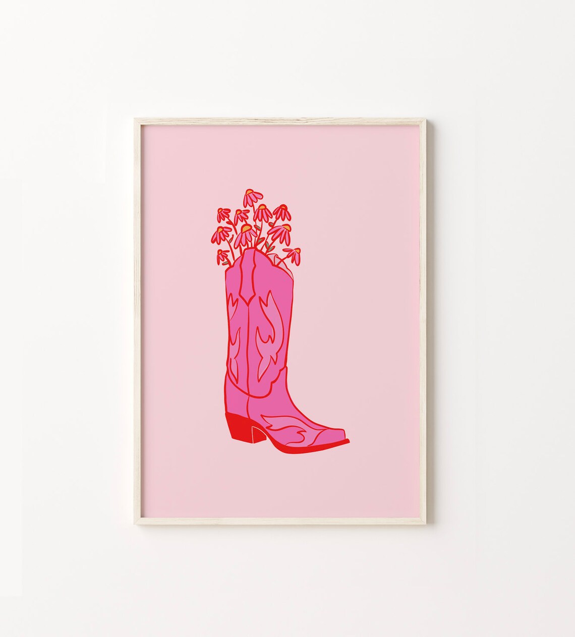 Western Boot Pink Art Print, Boho Wildflowers