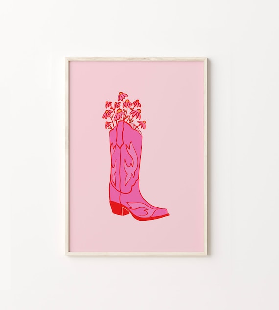Western Boot Pink Art Print, Boho Wildflowers