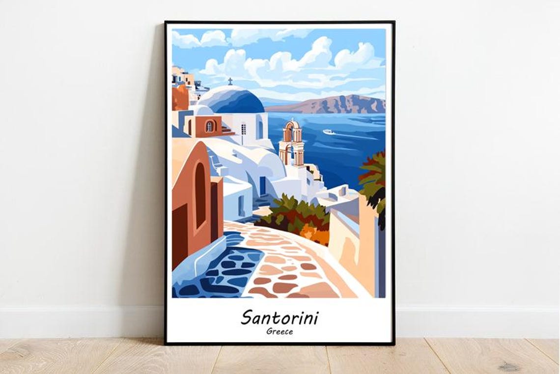 Santorini Greece Blue Domed Churches Aegean Sea Travel Poster
