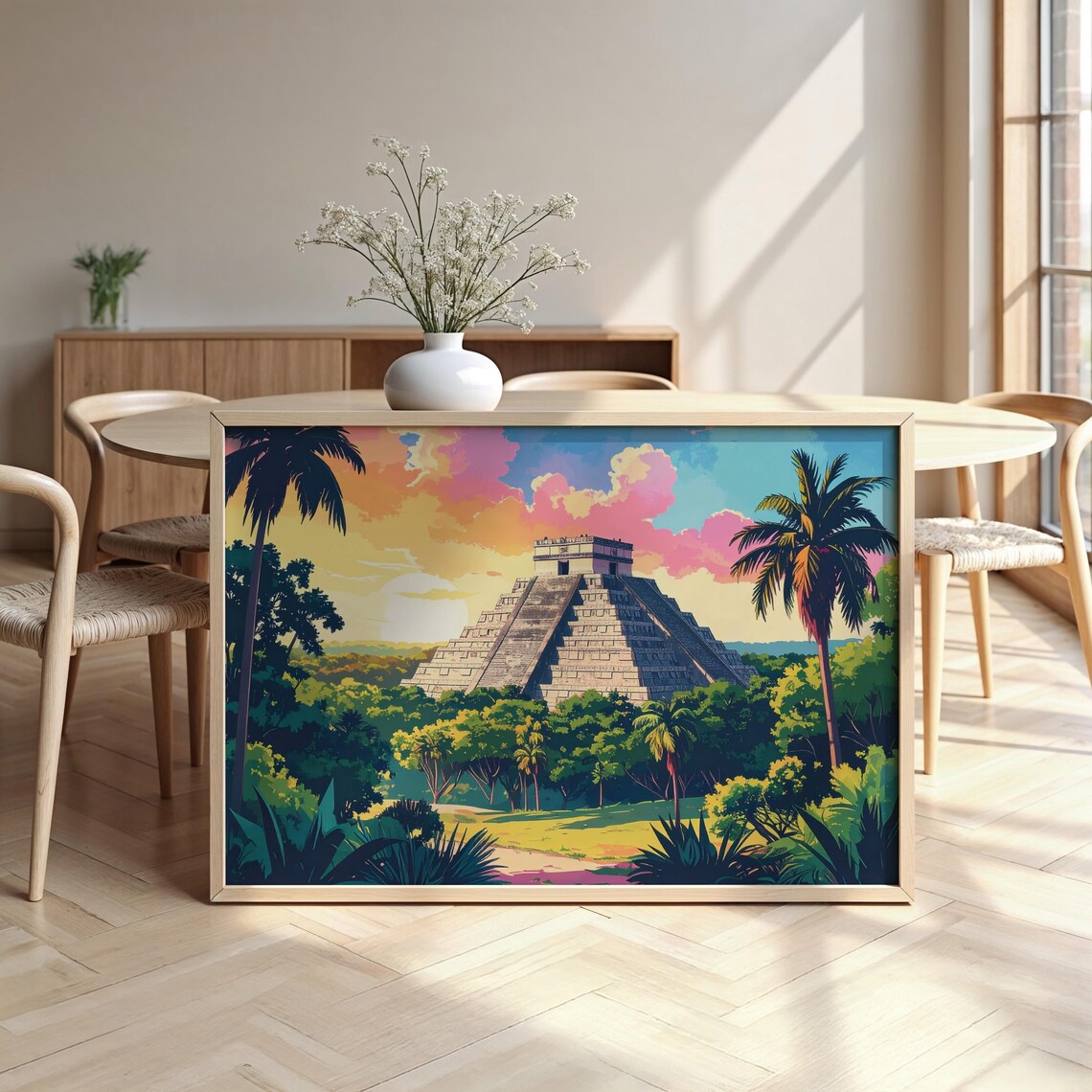 Chichen Itza Mayan Pyramid Sunset Palms Vintage Jungle Ruins Art Poster