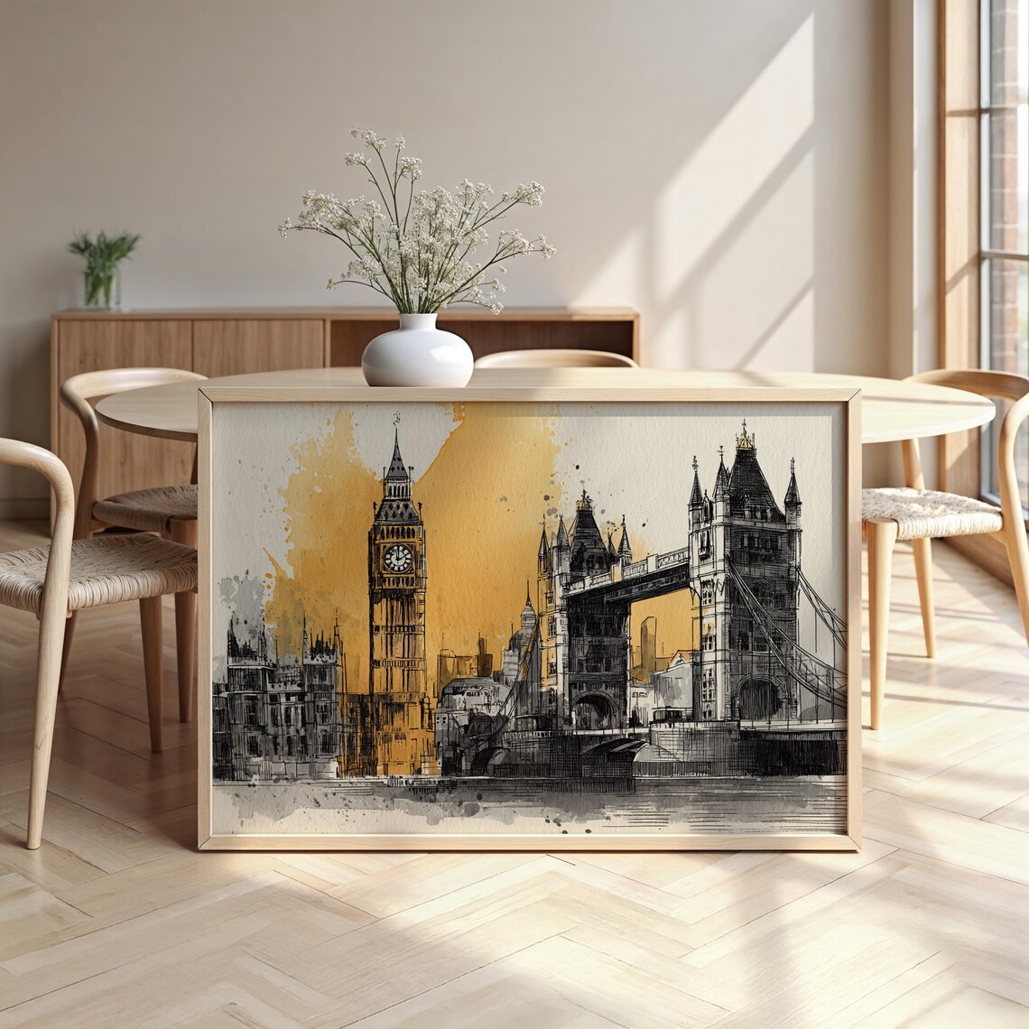 London Big Ben Tower Bridge Watercolor Splash Gold Framed Poster