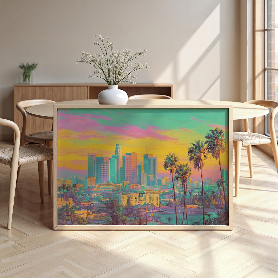 Los Angeles Downtown Skyline Palm Trees Colorful Watercolor Travel Poster