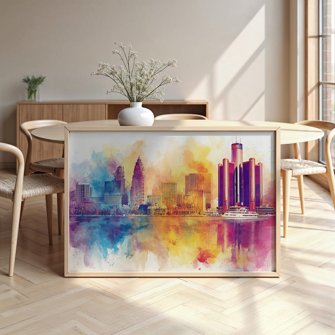 Detroit Skyline Watercolor Poster Over River with Boat Reflection