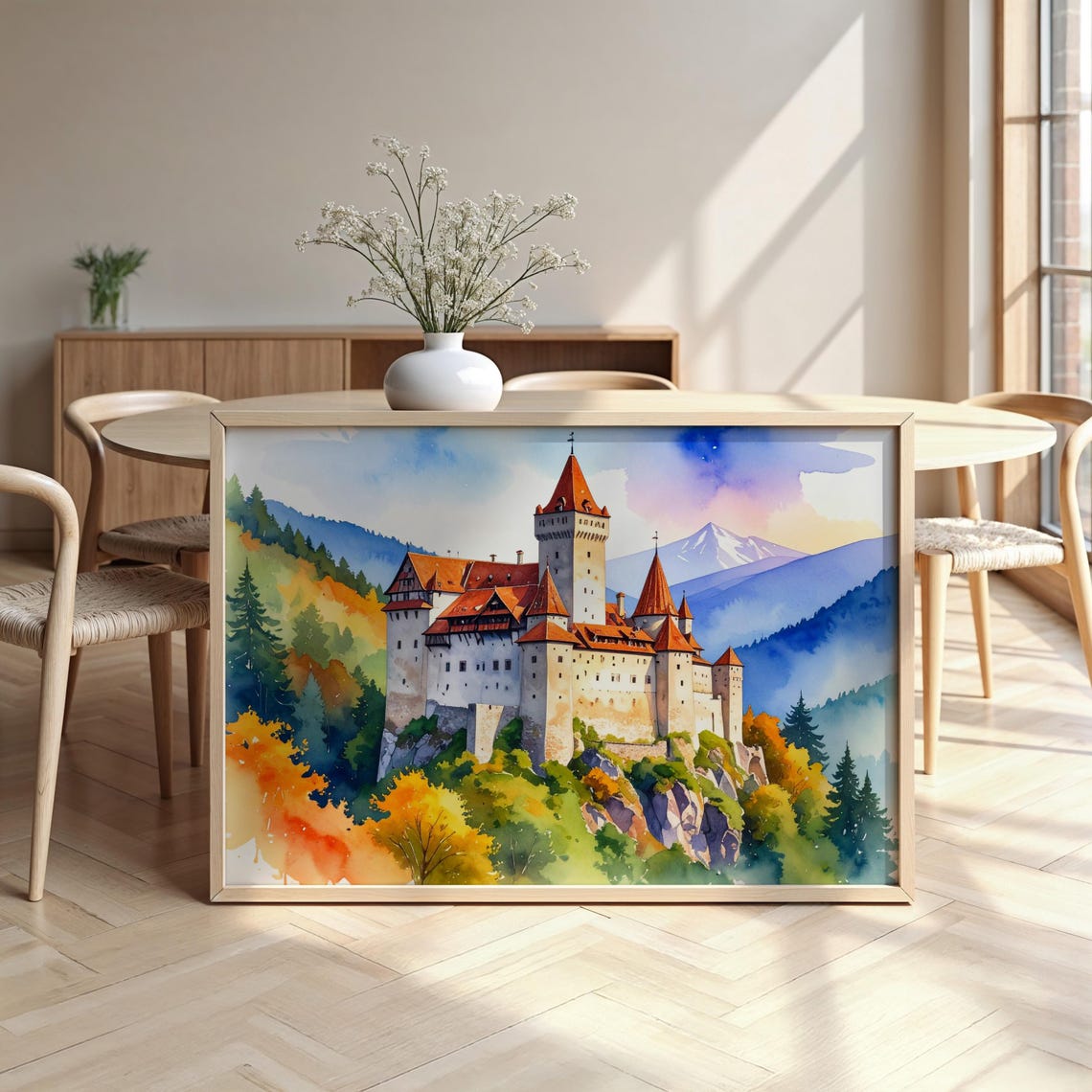 Bran Castle Romania Dracula Autumn Forest Watercolor Castle Poster