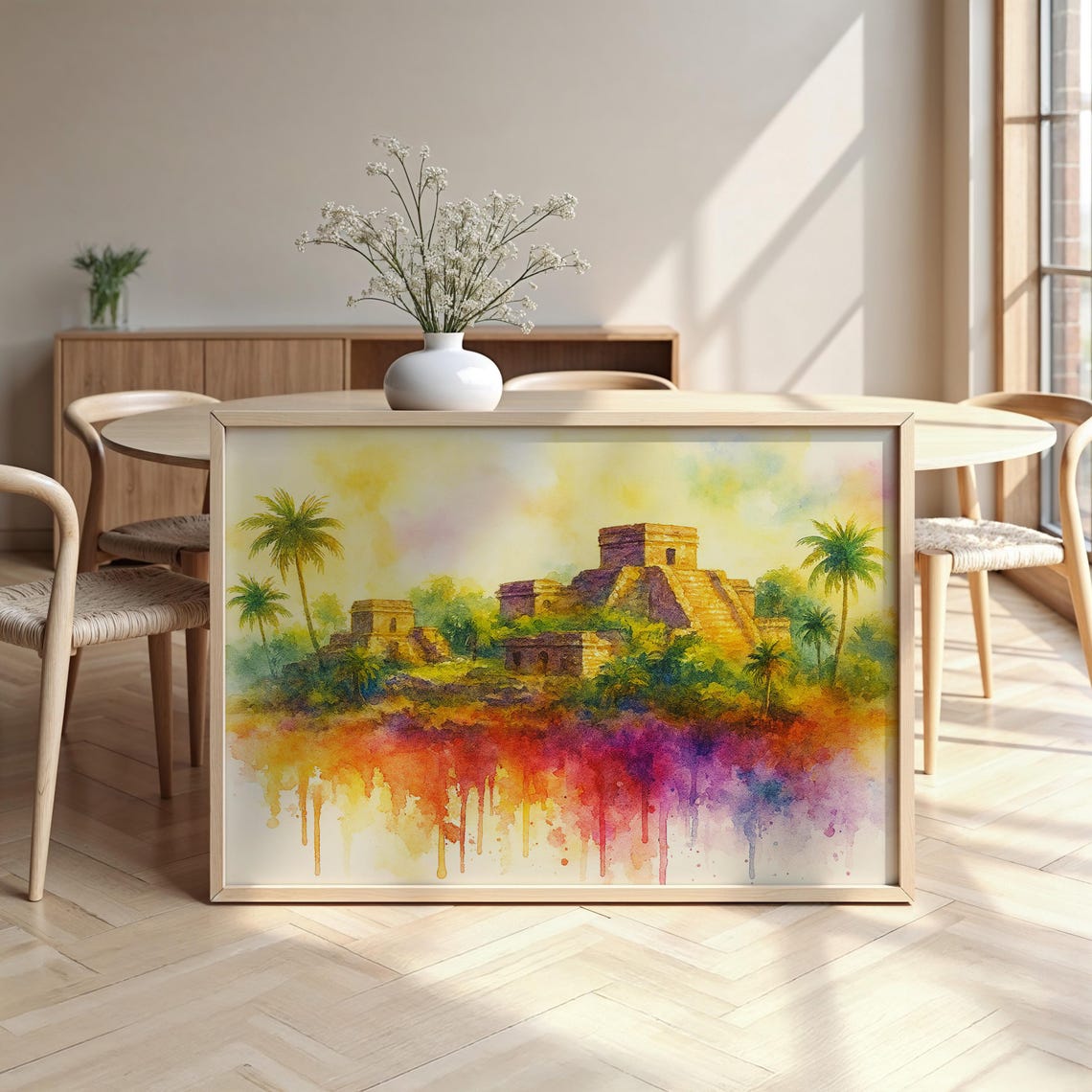 Tulum Mayan Pyramid Ruins Watercolor Travel Landmark Skyline Poster