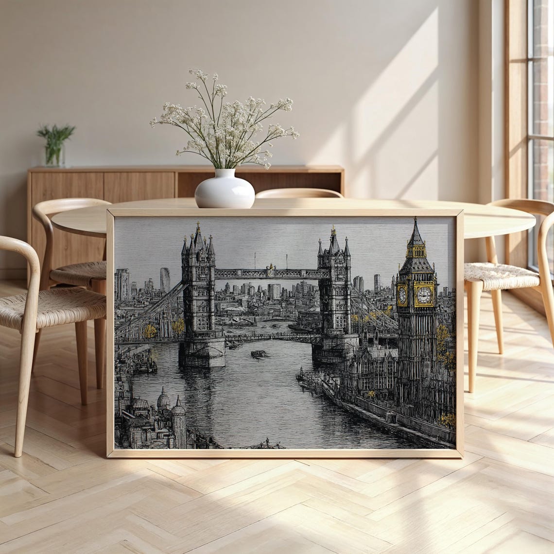 London Tower Bridge and Big Ben Detailed Ink Sketch Framed Poster