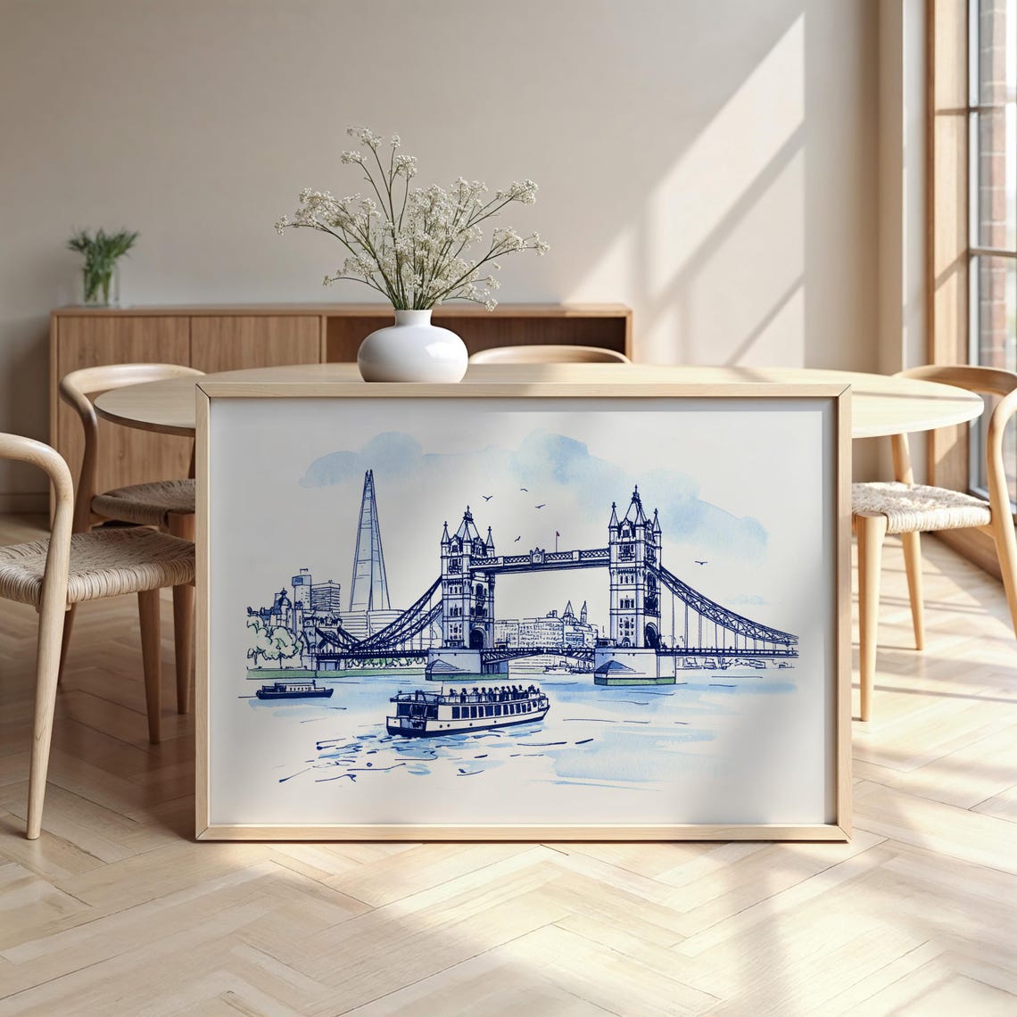 London Tower Bridge Ink Wash Blue Line Drawing Shard River Poster