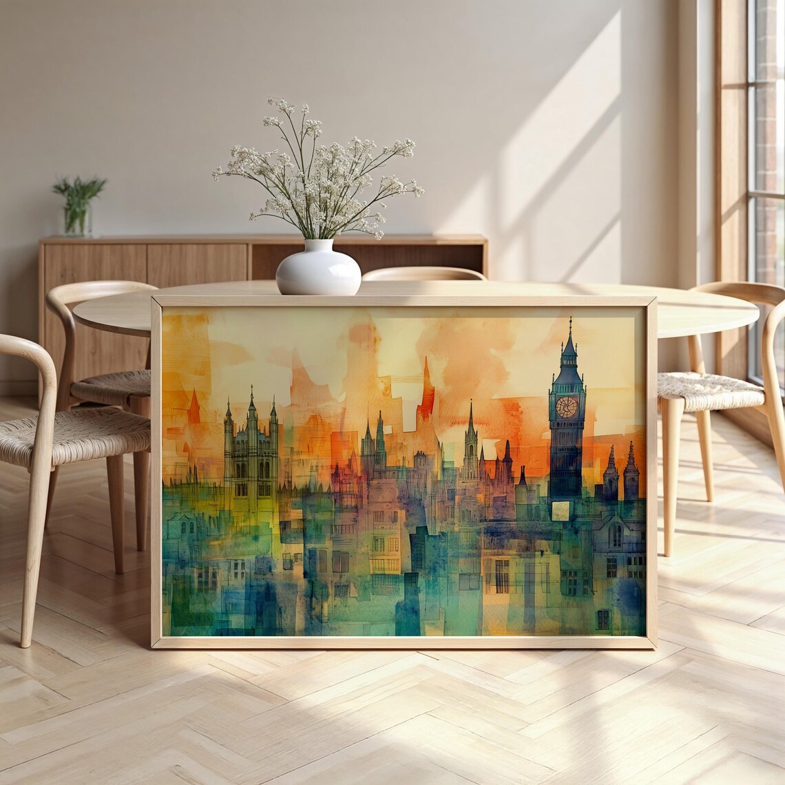 London Watercolour Big Ben Westminster Orange Gold Skyline Poster