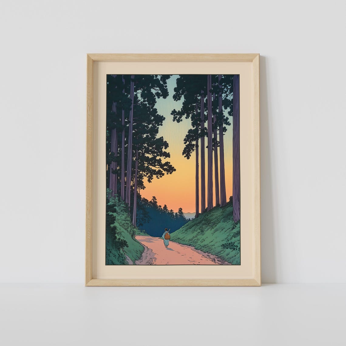 Japanese Forest Road At Sunset With Traveler Woodblock Art Print