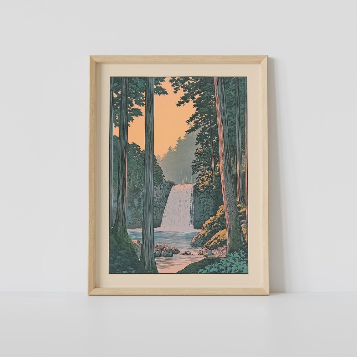 Japanese Waterfall Hidden In Forest At Sunset Woodblock Art Print