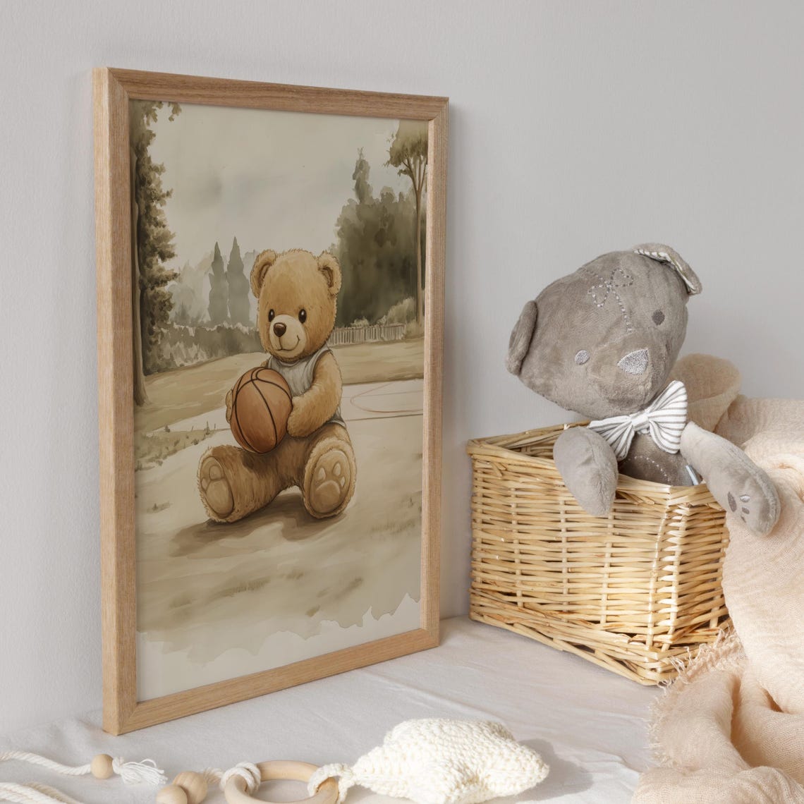 Teddy Bear Sitting on a Basketball Court Holding a Basketball Poster - Image 3