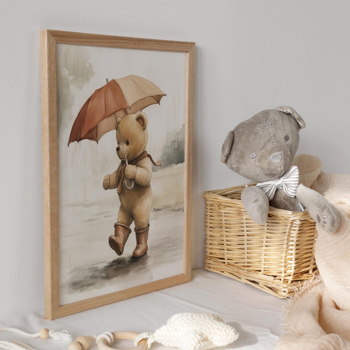 Teddy Bear Walking in Rain With Umbrella Boots and Scarf Poster - Image 3